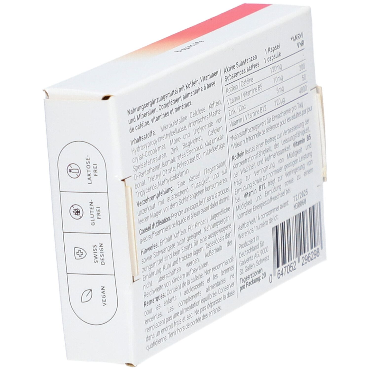 Dos de la boîte de capsules "ON FORTE". Texte, ingrédients, logos : Sans lactose, Sans gluten, Vegan.