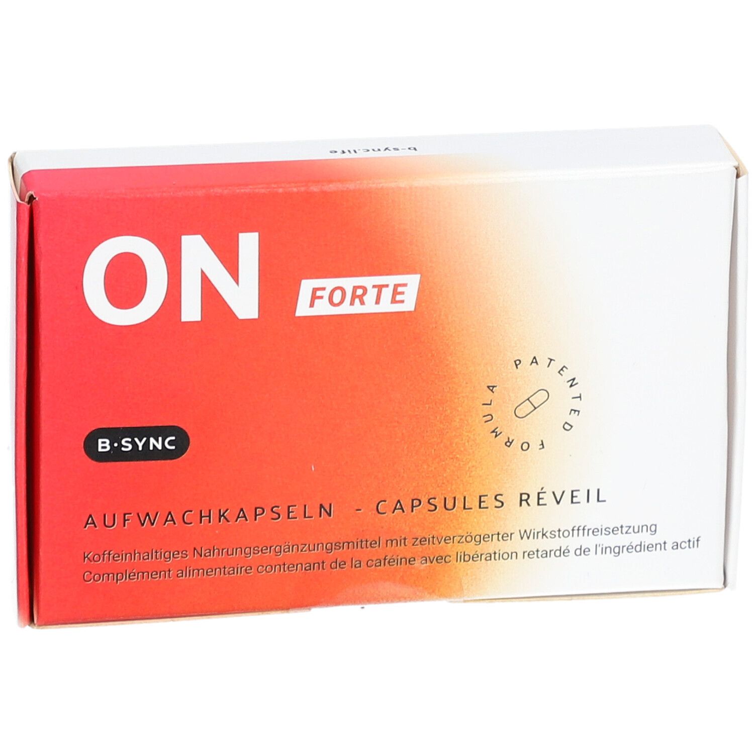 Boîte "ON FORTE" capsules réveil. Blanc-rouge, texte, symbole de capsule. Logo B-SYNC.