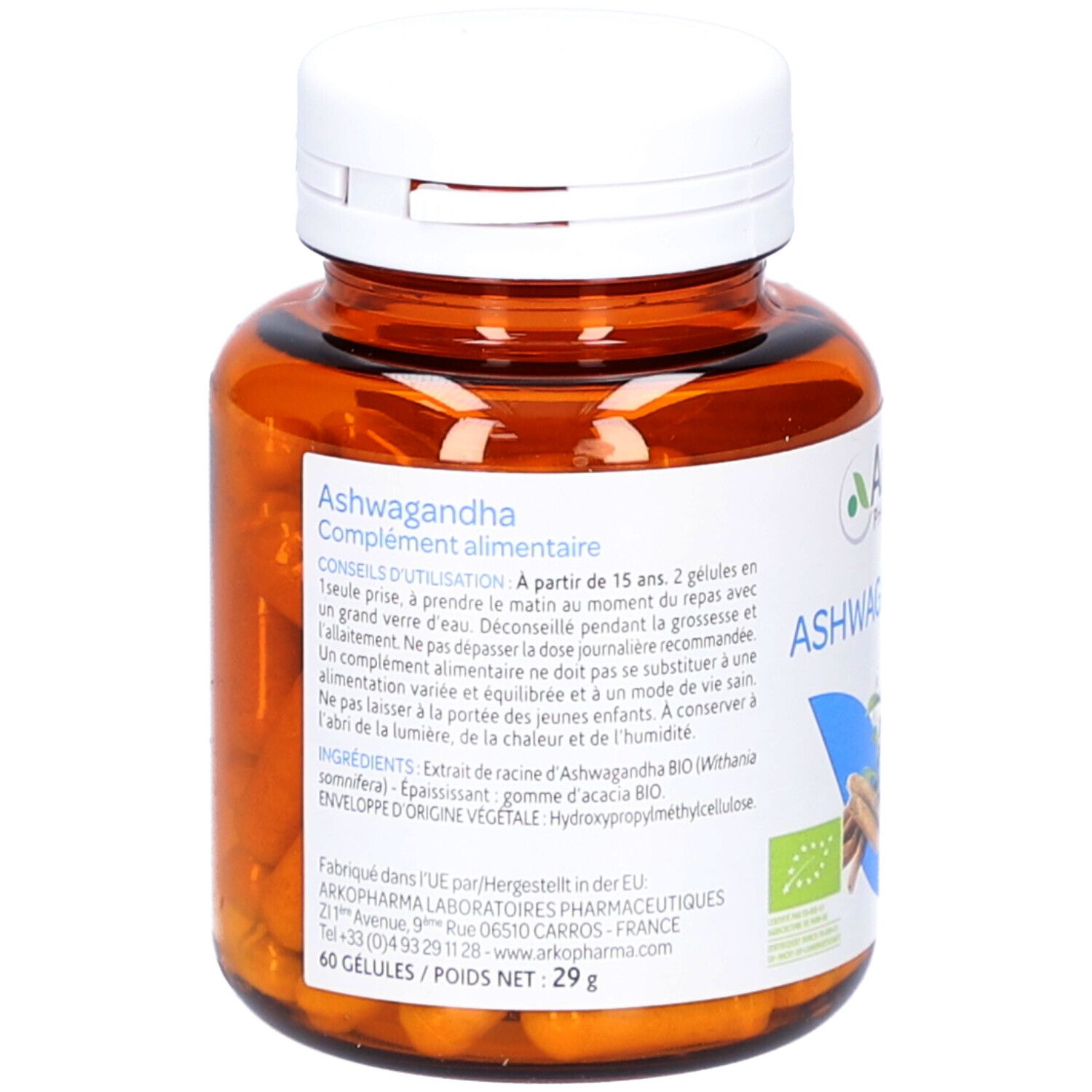 Dos du flacon en verre brun avec bouchon blanc. Étiquette avec informations et ingrédients du produit.
