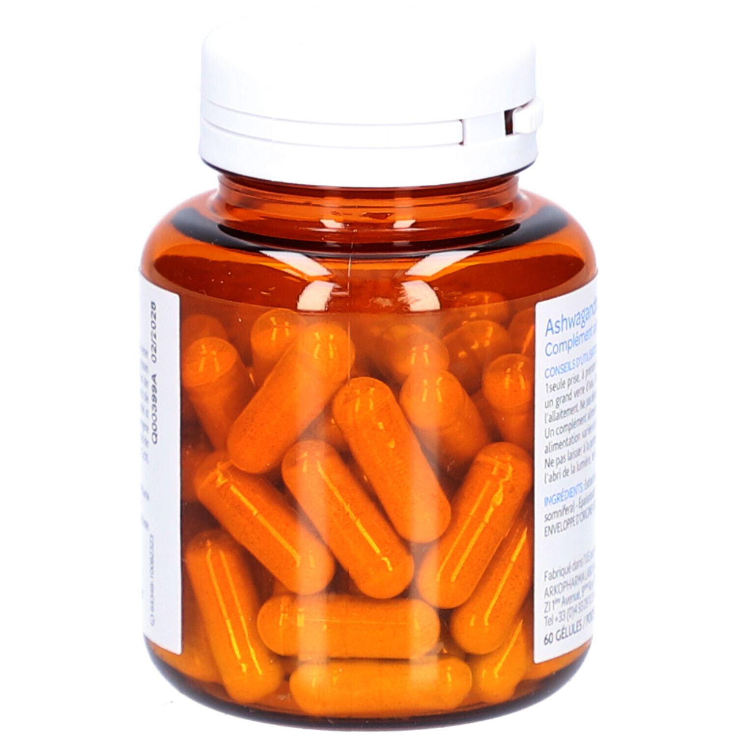 Flacon brun transparent avec bouchon blanc. Rempli de gélules orange. Étiquette du produit visible.