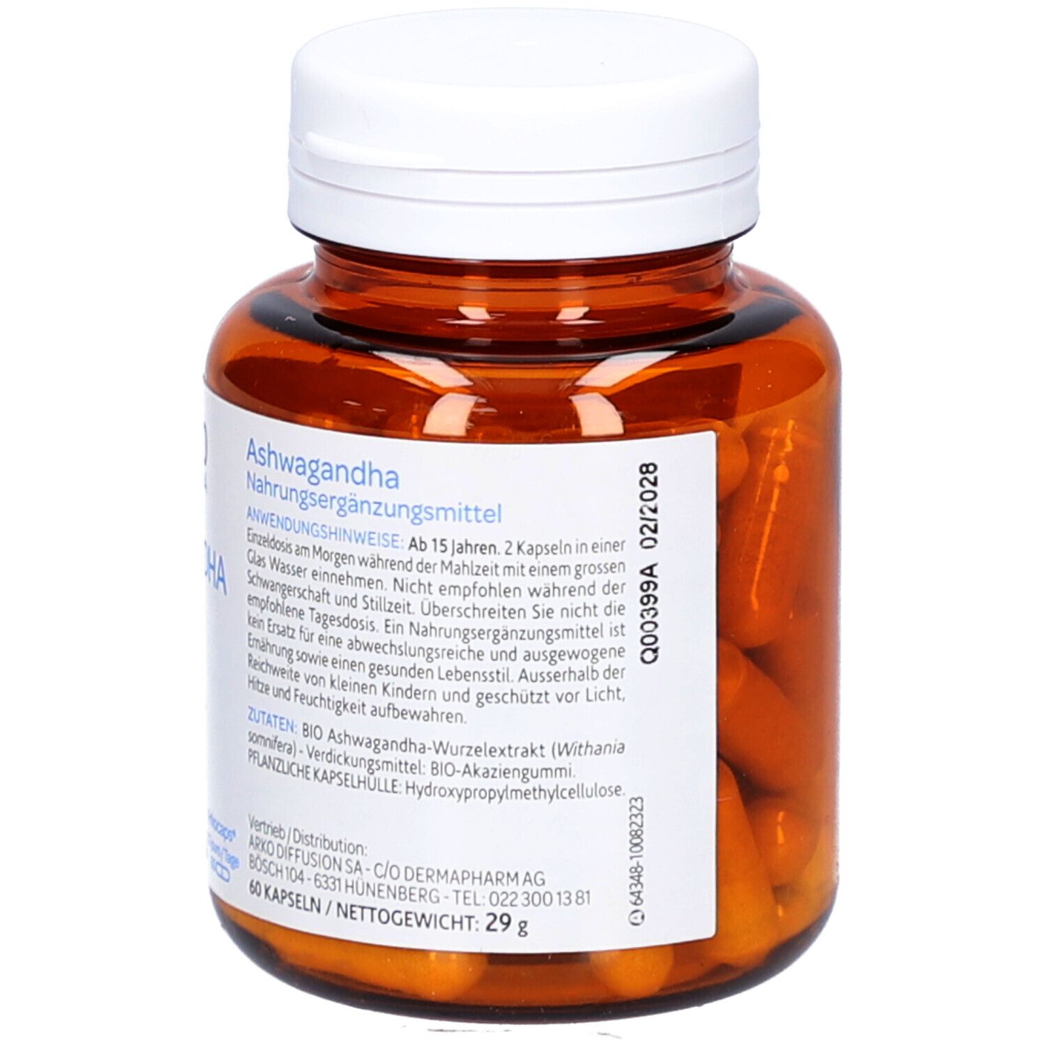 Vue arrière du flacon brun avec bouchon blanc. Étiquette avec informations et ingrédients du produit.