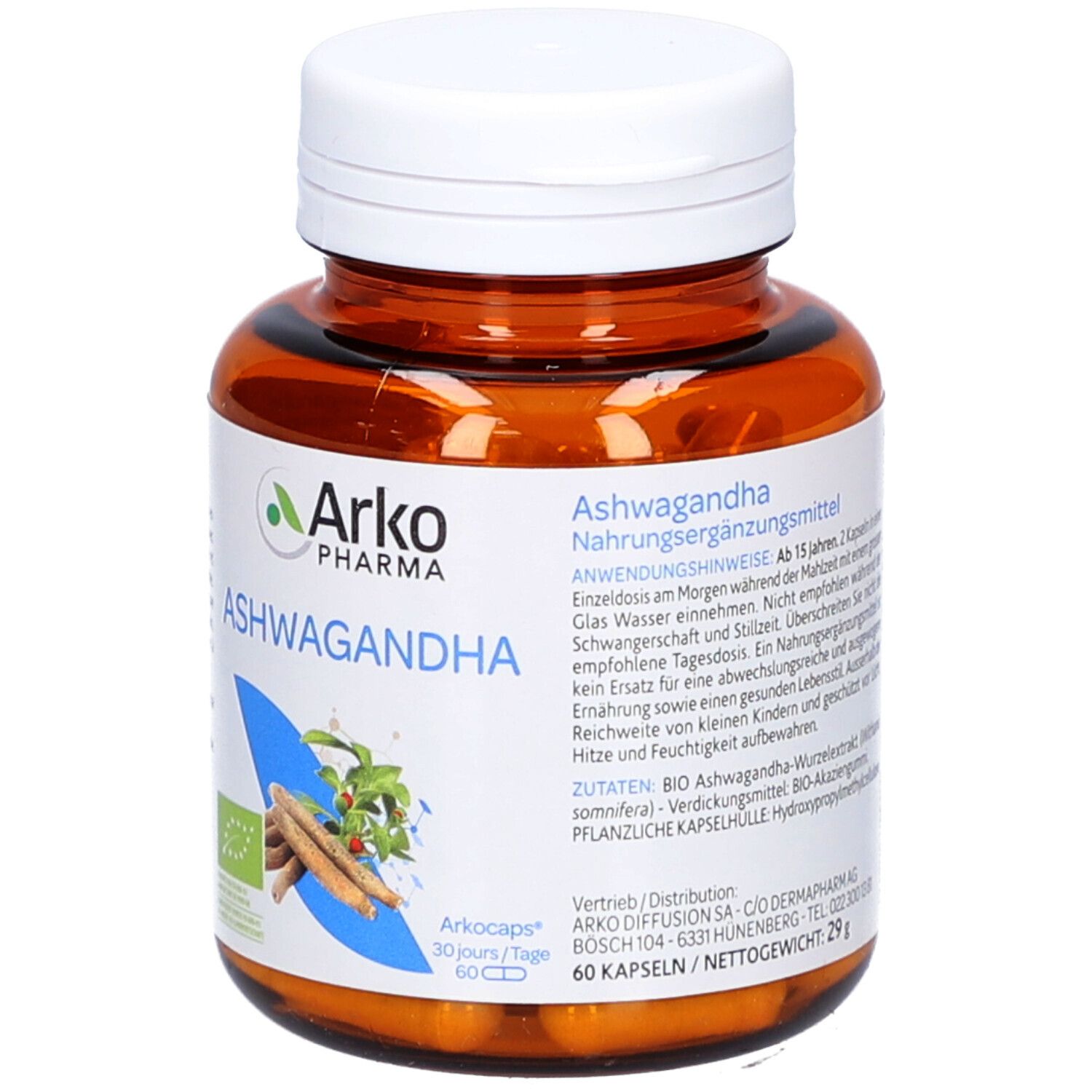 Flacon brun avec bouchon blanc. Étiquette avec nom, logo et ingrédients du produit. Contient des gélules.