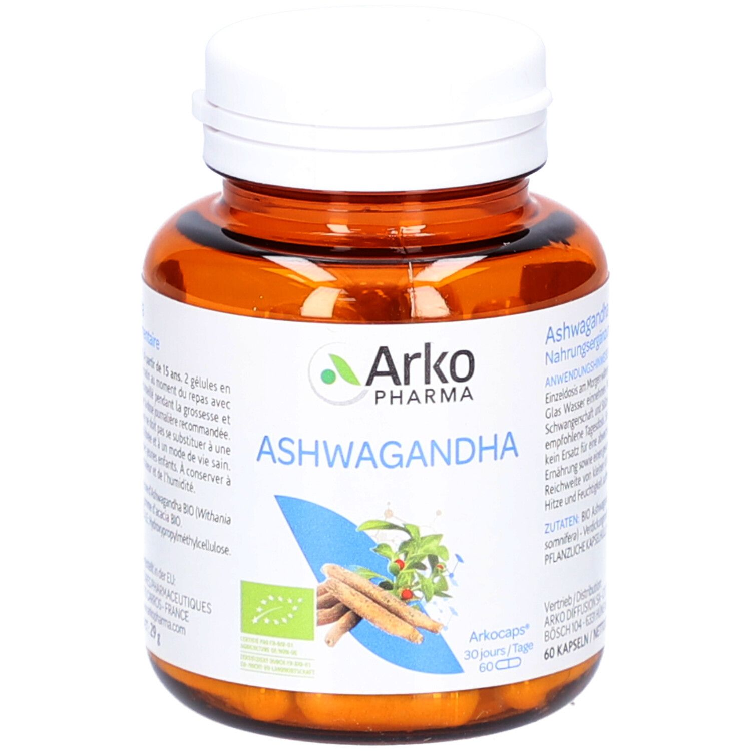 Flacon brun avec bouchon blanc. Étiquette avec nom, logo et ingrédients du produit. Contient des gélules.