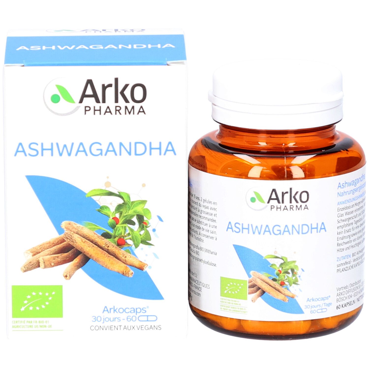 Flacon et emballage du produit côte à côte. Flacon avec gélules, emballage avec nom et logo du produit.