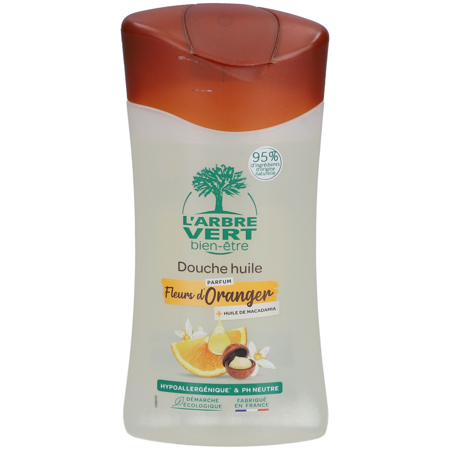 Flacon de douche huile L'ARBRE VERT, Fleurs d'Oranger. Bouchon marron. Ingrédients d'origine naturelle. Label écologique.