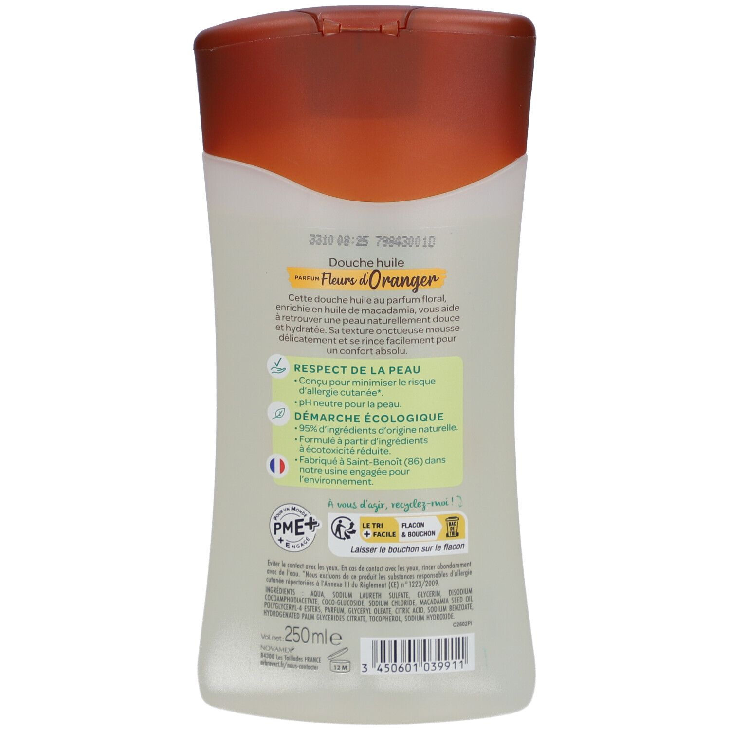 Dos du flacon de douche huile. Texte: Douche huile, Fleurs d'Oranger. Label écologique. Ingrédients. pH neutre.