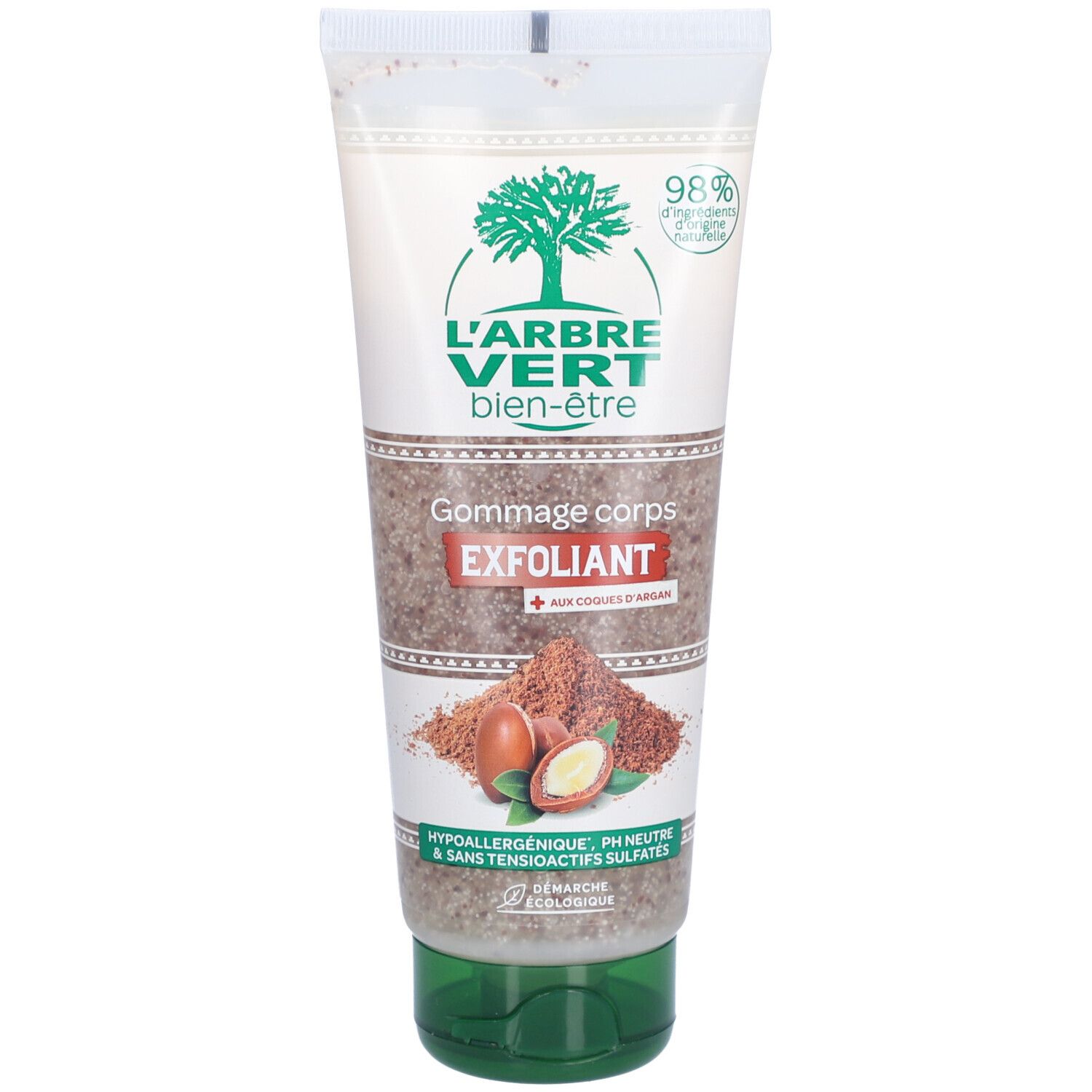 Tube de gommage corporel L'Arbre Vert. Emballage blanc et vert, bouchon vert. Texte: Gommage corps exfoliant, huile d'argan, 98% ingrédients naturels.