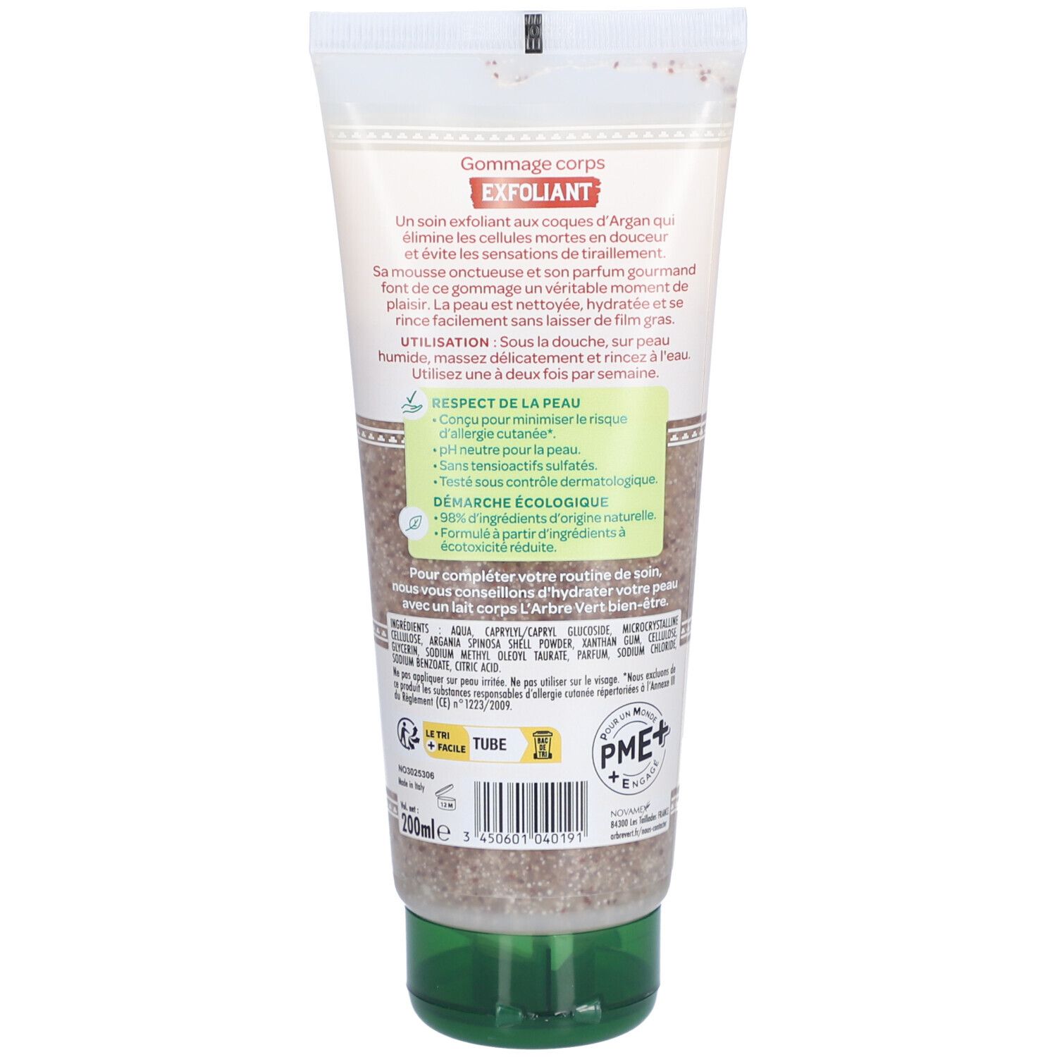 Dos du tube de gommage corporel. Texte: Gommage corps exfoliant, ingrédients, 98% d'origine naturelle, pH neutre, sans sulfates, Demarche Ecologique.