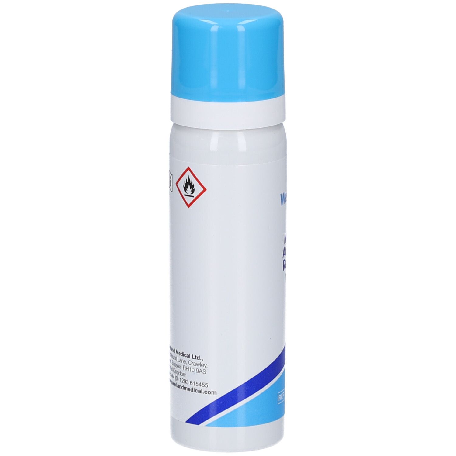 Medizinischer Klebstoffentferner. Weiße Flasche mit blauem Deckel. Gefahrensymbol. Welland Medical Ltd.