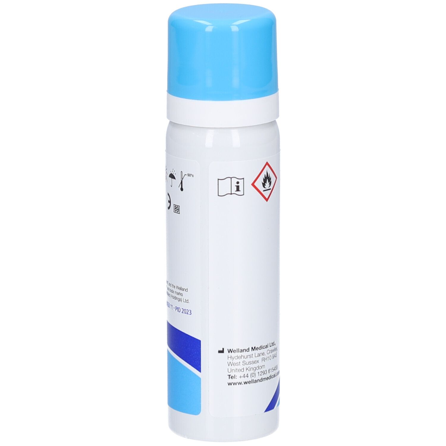 Medizinischer Klebstoffentferner. Weiße Flasche mit blauem Deckel. Warnsymbole. Welland Medical Ltd.