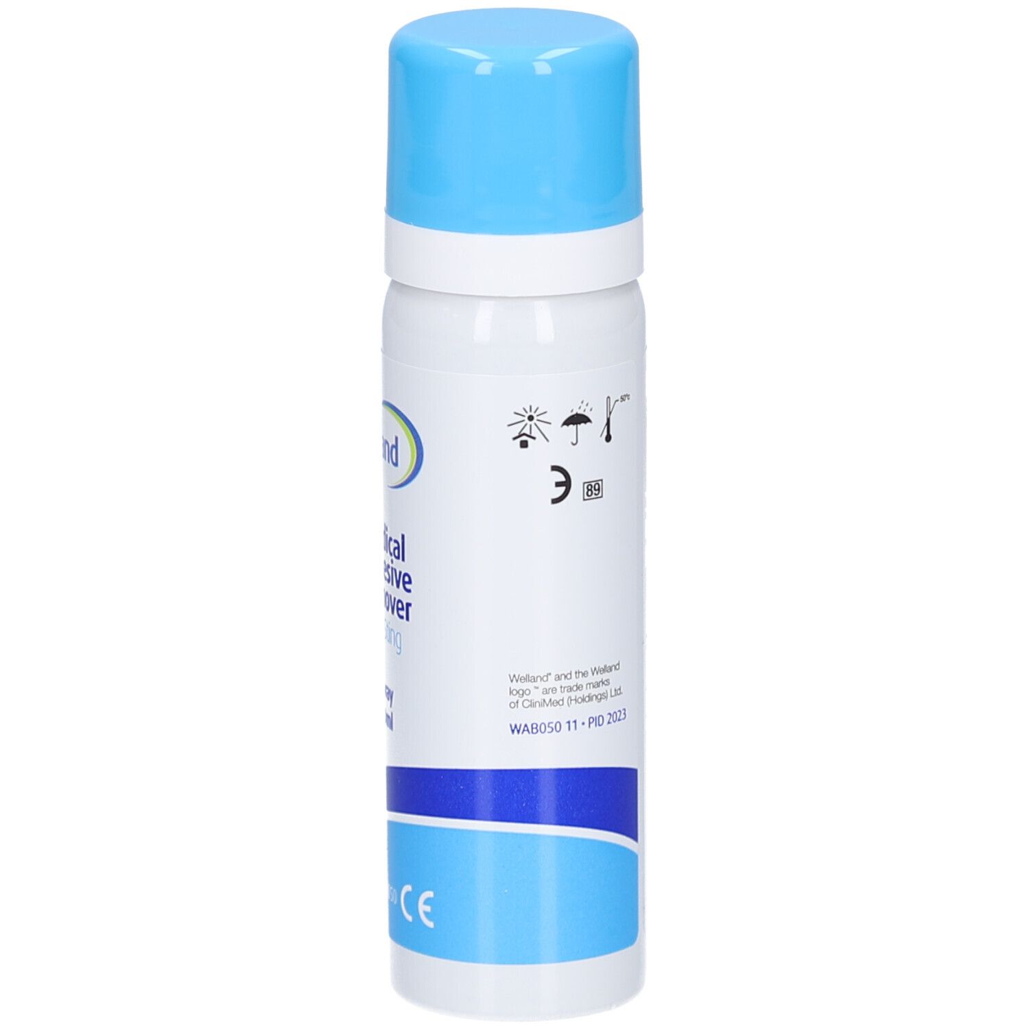 Medizinischer Klebstoffentferner. Weiße Flasche mit blauem Deckel. CE-Kennzeichnung. Welland Medical.