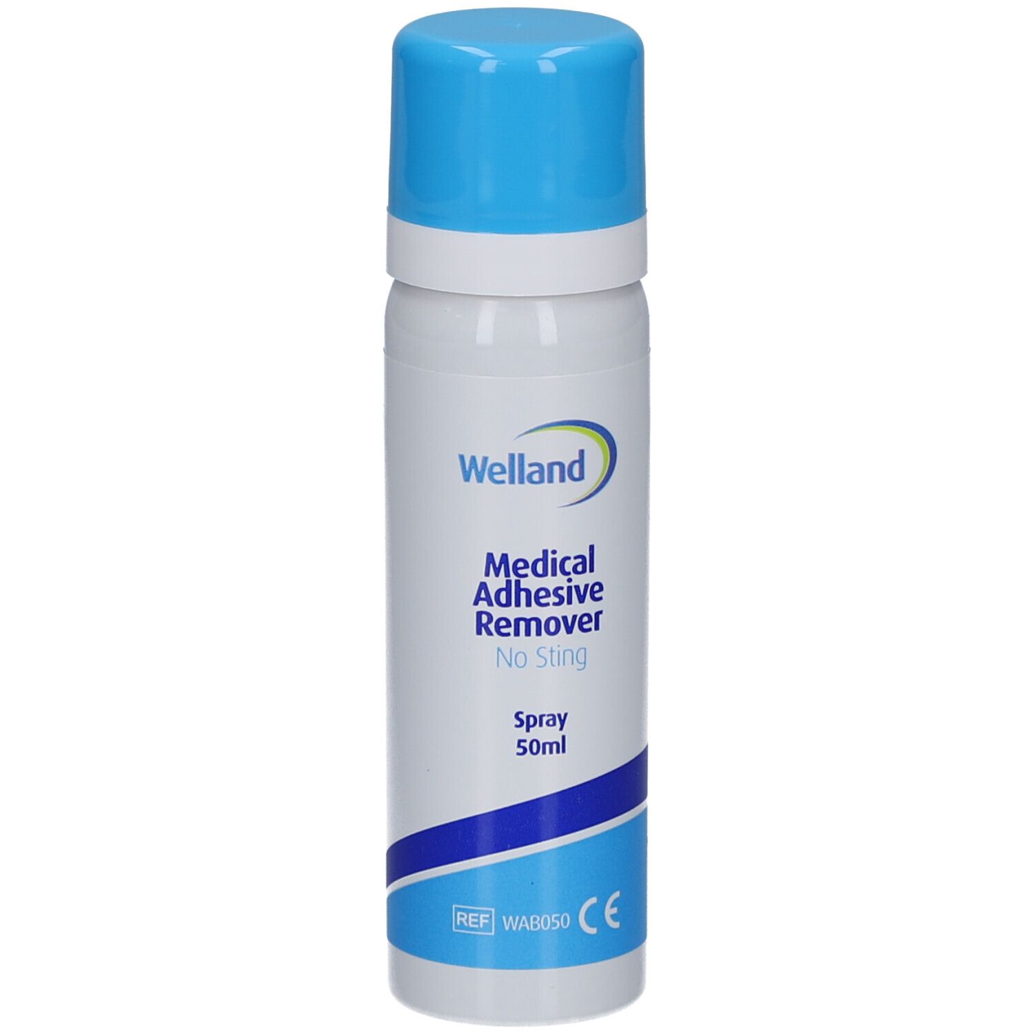 Medizinischer Klebstoffentferner, 50ml. Weiße Flasche mit blauem Deckel. Welland-Logo. CE-Kennzeichnung.