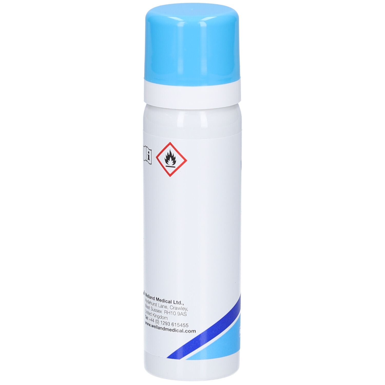 Medizinischer Klebstoffentferner. Weiße Flasche mit blauem Deckel. Gefahrensymbol. Welland Medical Ltd.