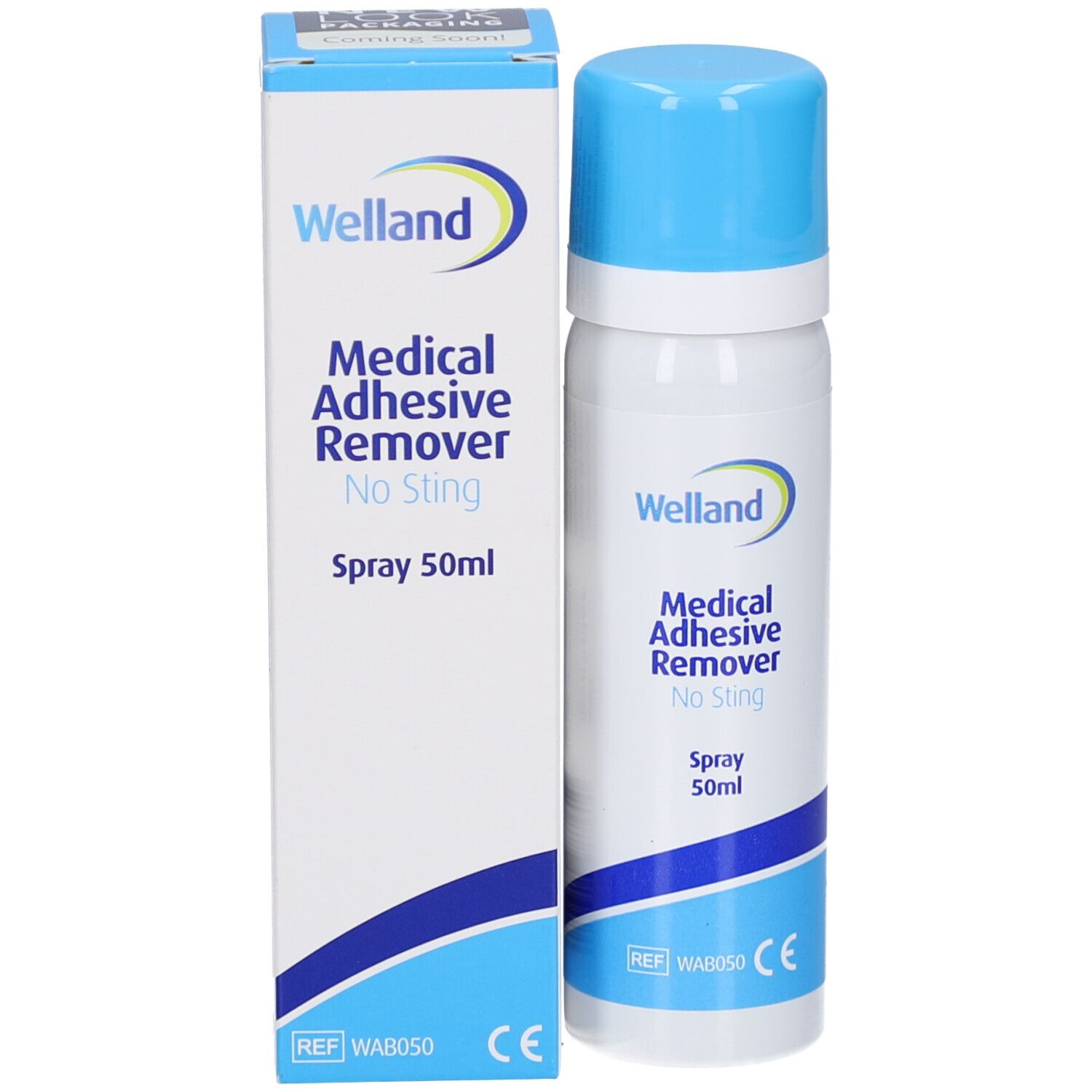 Medizinischer Klebstoffentferner, 50ml. Flasche und Verpackung. Welland-Logo. CE-Kennzeichnung.