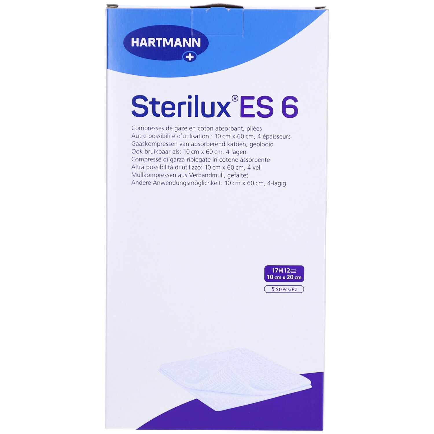 Verpackung mit Produktname Sterilux ES6. Blaue und weiße Box mit Produktinformationen und Größenangaben. Hartmann Logo.