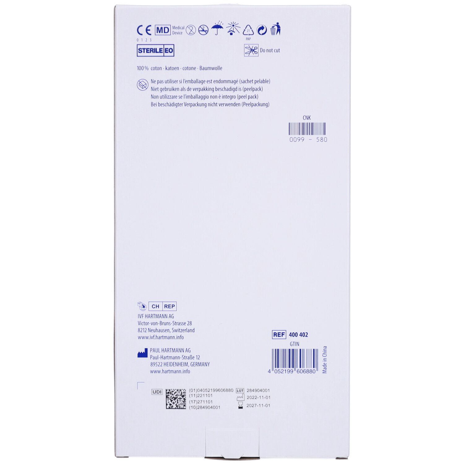 Rückseite der Verpackung. Produktinformationen, Herstelleradresse und CE-Kennzeichnung. Sterilux Logo.