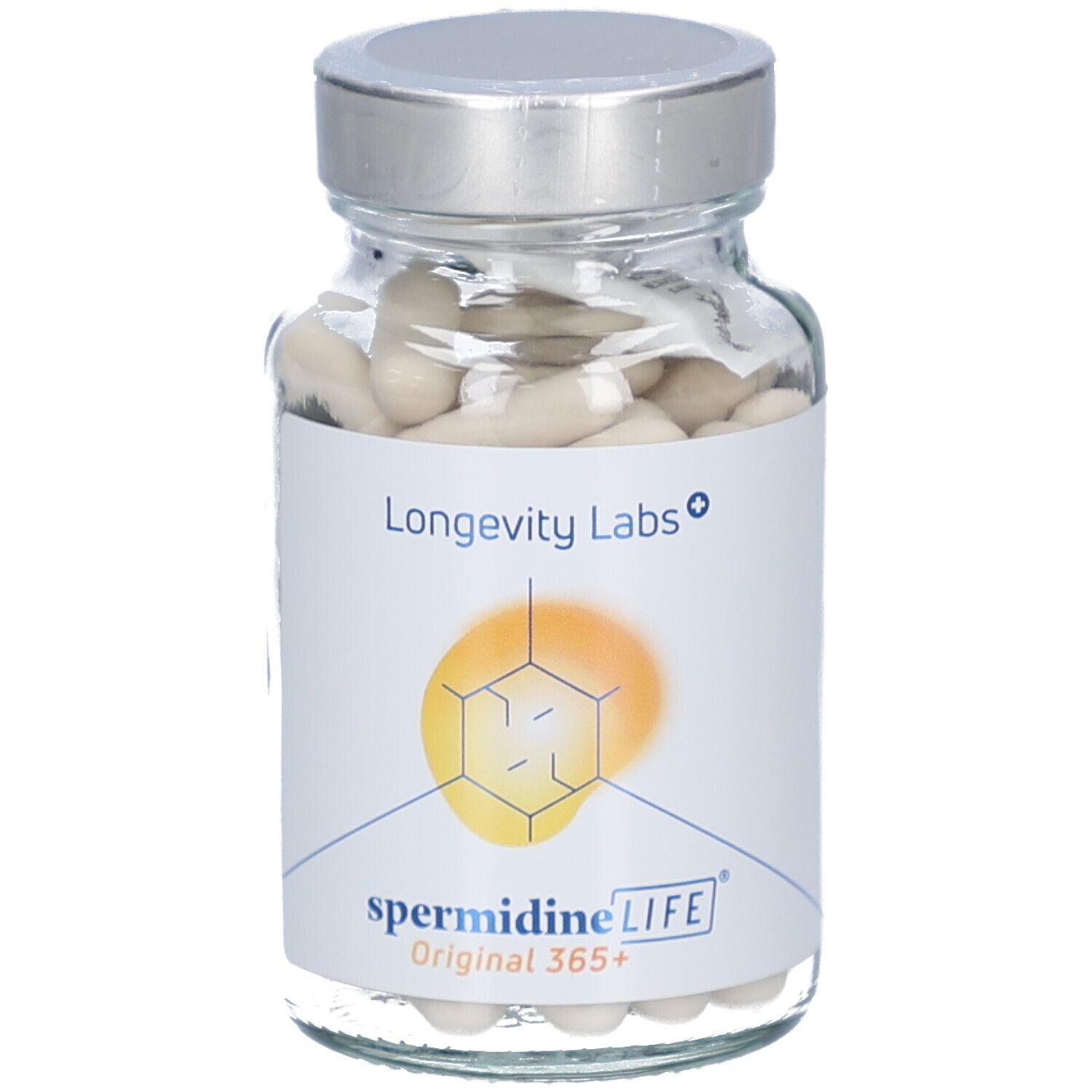 Glasflasche mit Kapseln. Etikett mit Logo, Produktname und Marke. Silberner Deckel.