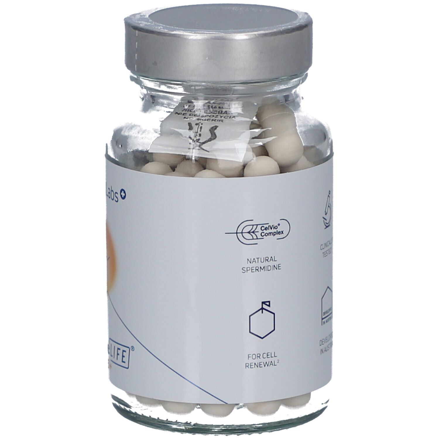 Glasflasche mit Kapseln. Etikett mit Text und Logo. Silberner Deckel. Nahaufnahme.