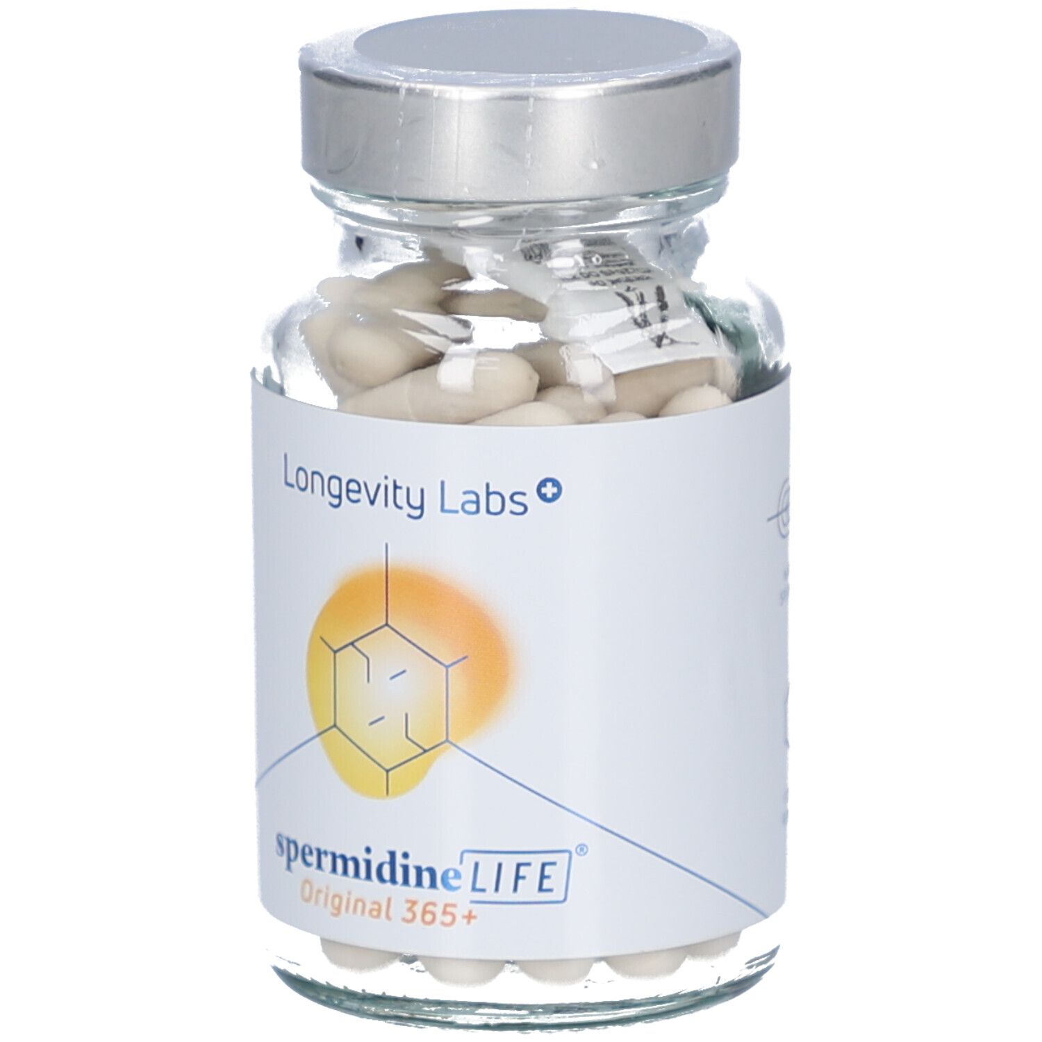 Glasflasche mit Kapseln. Etikett mit Logo, Produktname und Marke. Silberner Deckel.