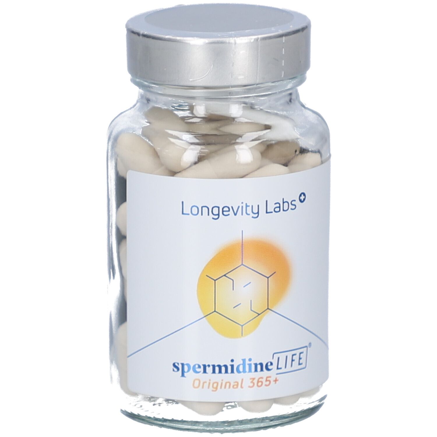 Glasflasche mit Kapseln. Etikett mit Logo, Produktname und Marke. Silberner Deckel.