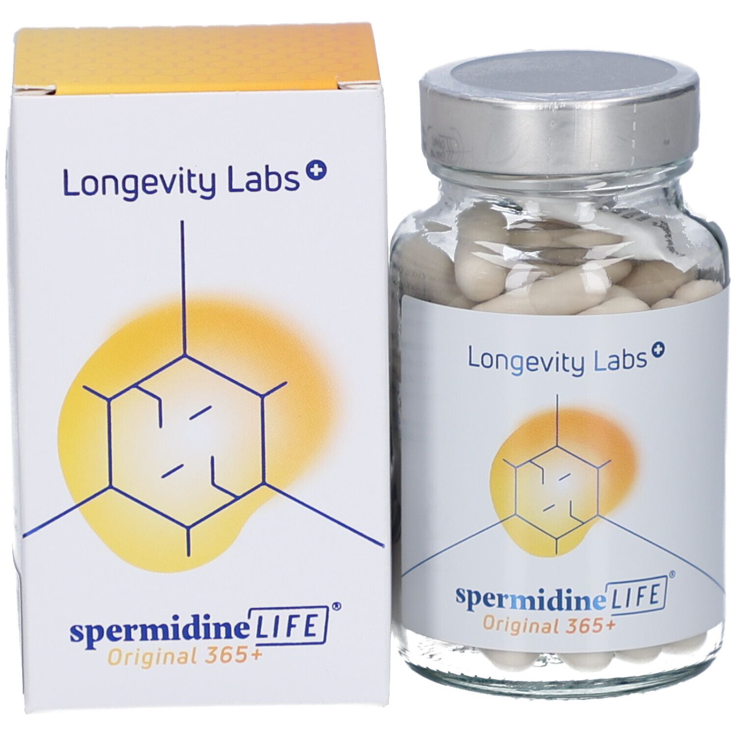 Glasflasche mit Kapseln und Karton. Etikett mit Logo, Produktname und Marke. Silberner Deckel.