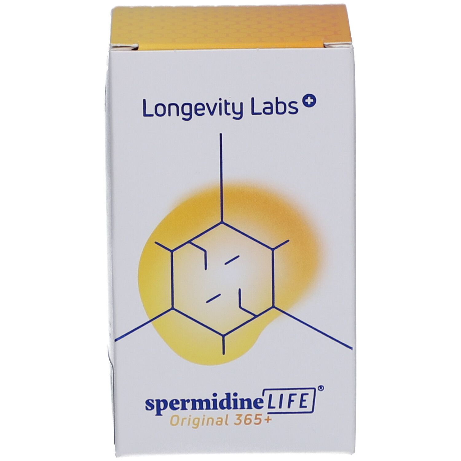 Karton mit Logo, Produktname und Marke. Gelb-weißes Design. Vorderansicht.