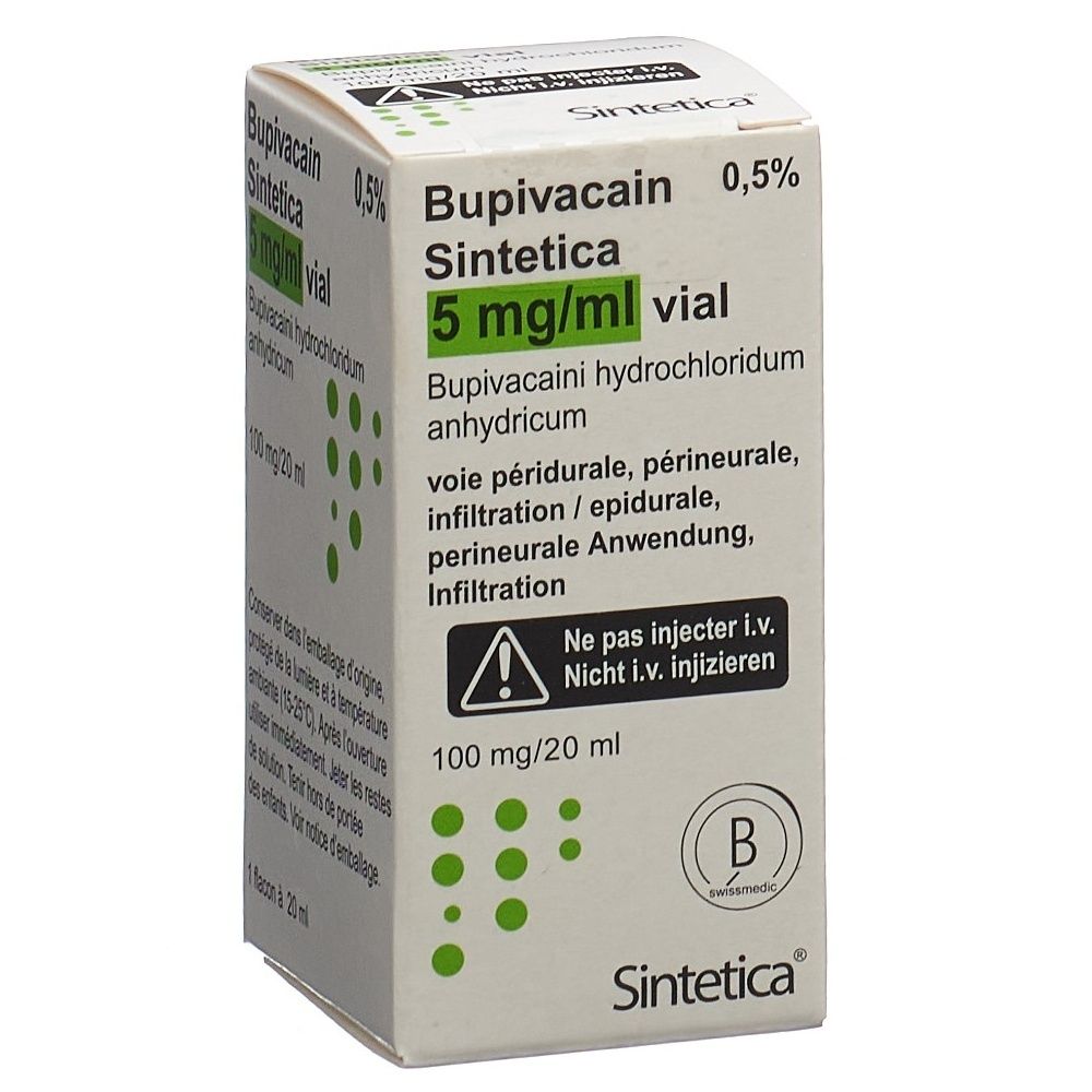 Karton mit Aufschrift Bupivacain Sintetica 0,5%, 5 mg/ml Vial. Enthält Text in Deutsch und Französisch. Swissmedic-Logo.