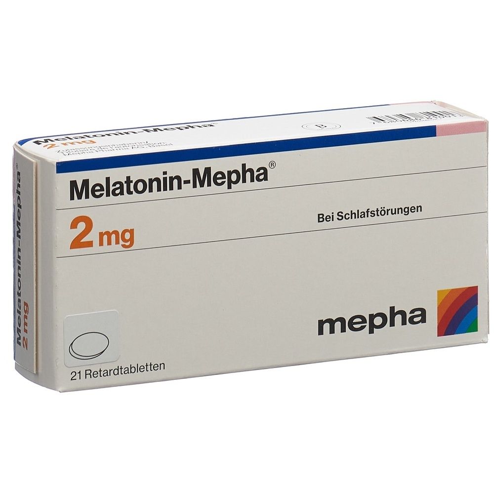Boîte de comprimés de Melatonine-Mepha 2 mg. Inscription: 21 comprimés à libération prolongée. Marque: mepha. Texte: Bei Schlafstörungen.