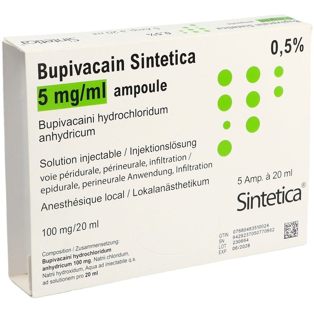 Verpackung von Bupivacain Sintetica. Aufschrift: 5 mg/ml Ampulle, 0,5%. Enthält 5 Ampullen. Marke Sintetica.
