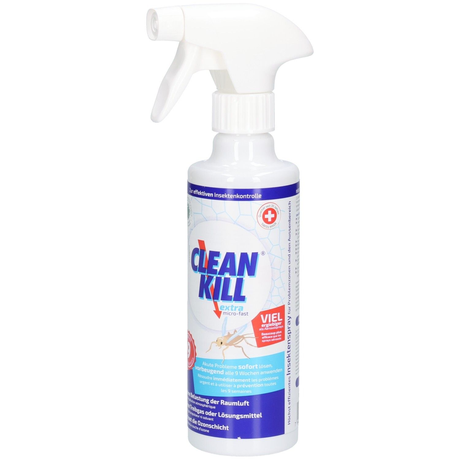 Weiße Sprühflasche mit blauem Etikett. Enthält Text und Logo. Oben ein weißer Sprühkopf. Für Insekten.