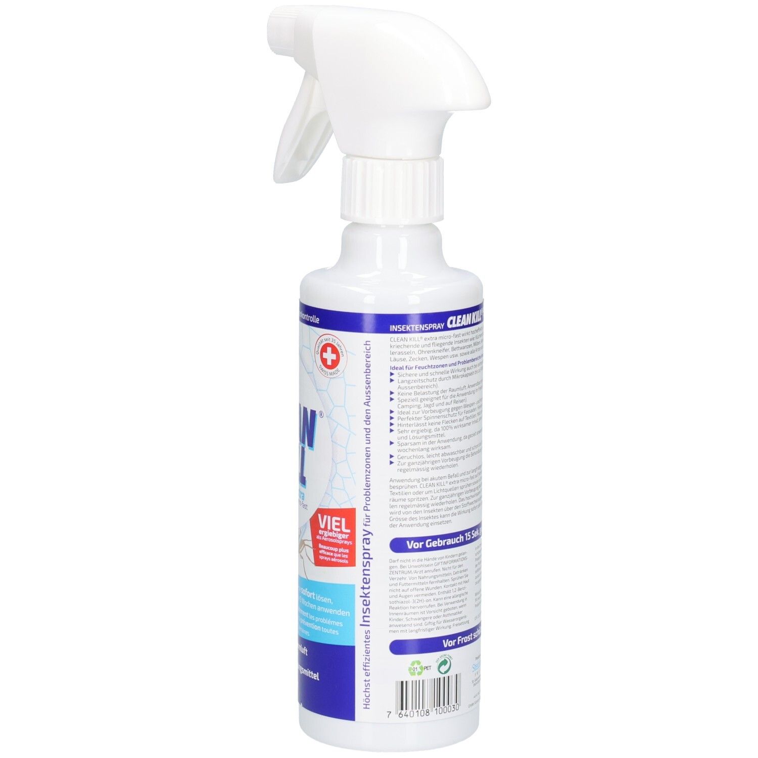 Weiße Sprühflasche mit blauem Etikett. Enthält Text und Logos. Auf der Rückseite sind Informationen. Mit Sprühkopf.