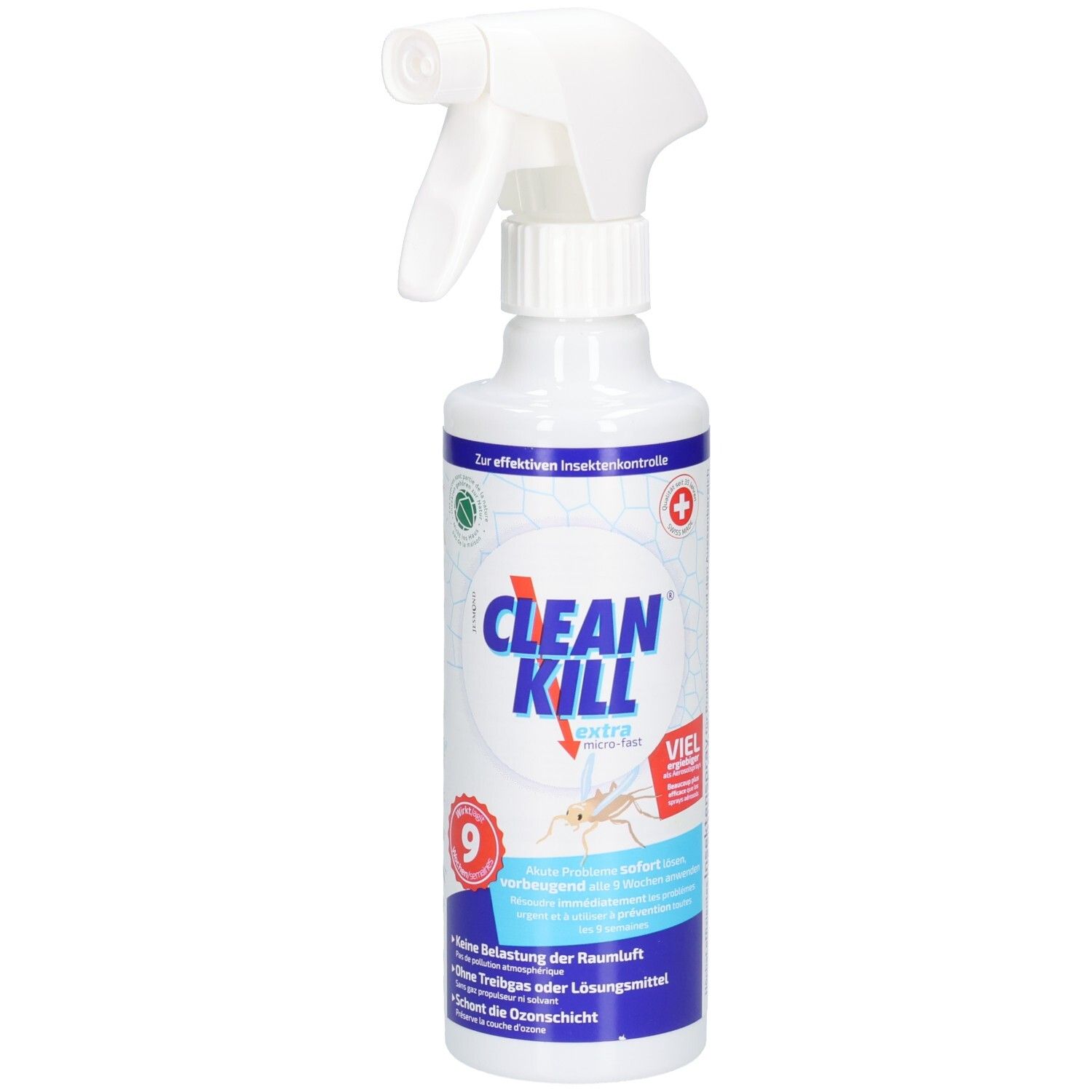 Weiße Sprühflasche mit blauem Etikett. Enthält Text und Logo. Oben ein weißer Sprühkopf. Für Insekten.