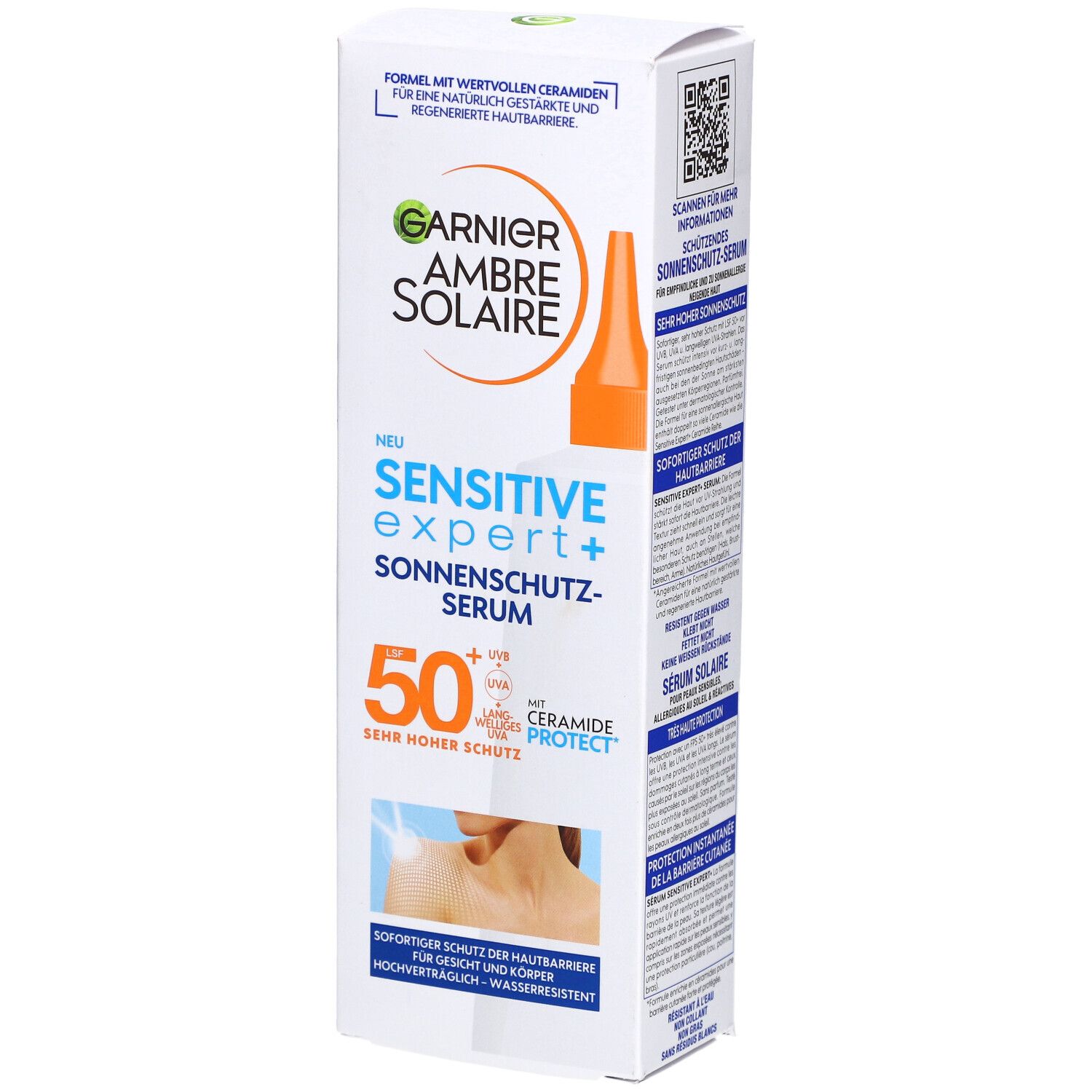 Garnier Ambre Solaire Sonnen-Serum SPF50+ in Verpackung. Weißer Karton mit Produktinformationen und QR-Code.