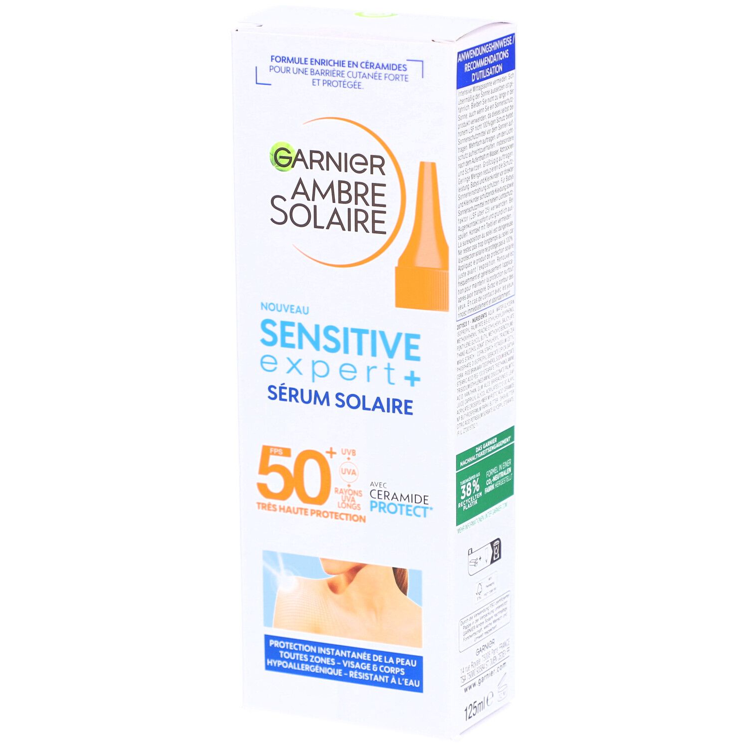 Garnier Ambre Solaire Sonnen-Serum SPF50+ Verpackung. Enthält Produktnamen, SPF-Wert und Produktmerkmale.