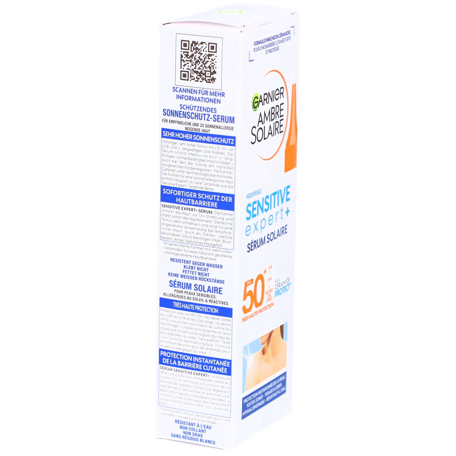 Rückseite der Garnier Ambre Solaire Sonnen-Serum Verpackung. Enthält Produktinformationen und QR-Code.