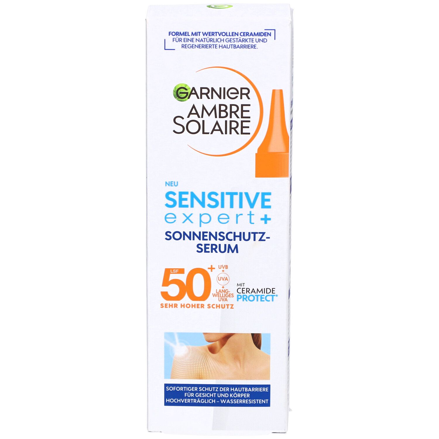 Garnier Ambre Solaire Sonnen-Serum SPF50+ Verpackung. Weißer Karton mit Produktinformationen und Logo.