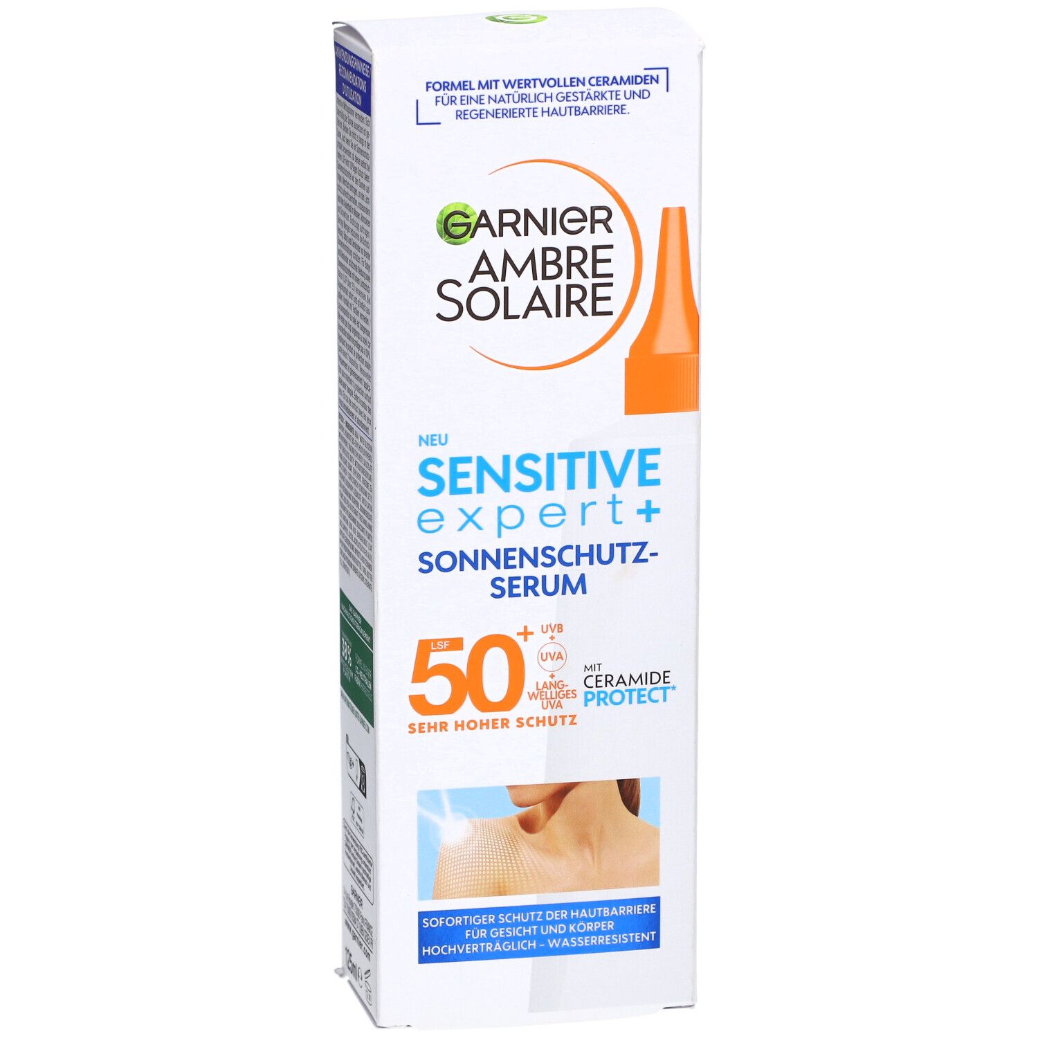 Garnier Ambre Solaire Sonnen-Serum SPF50+ Verpackung. Weißer Karton mit Produktinformationen und Logo.