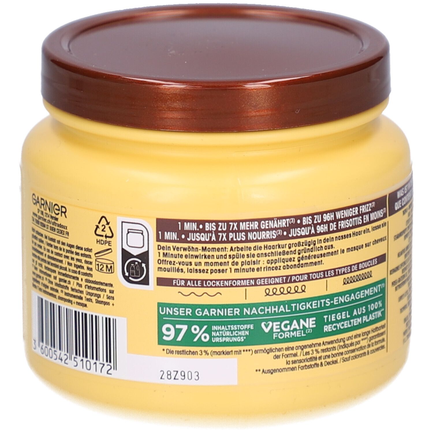 Dos du pot jaune avec couvercle marron. Informations et code-barres. Pot recyclé à 97%. Vegan.