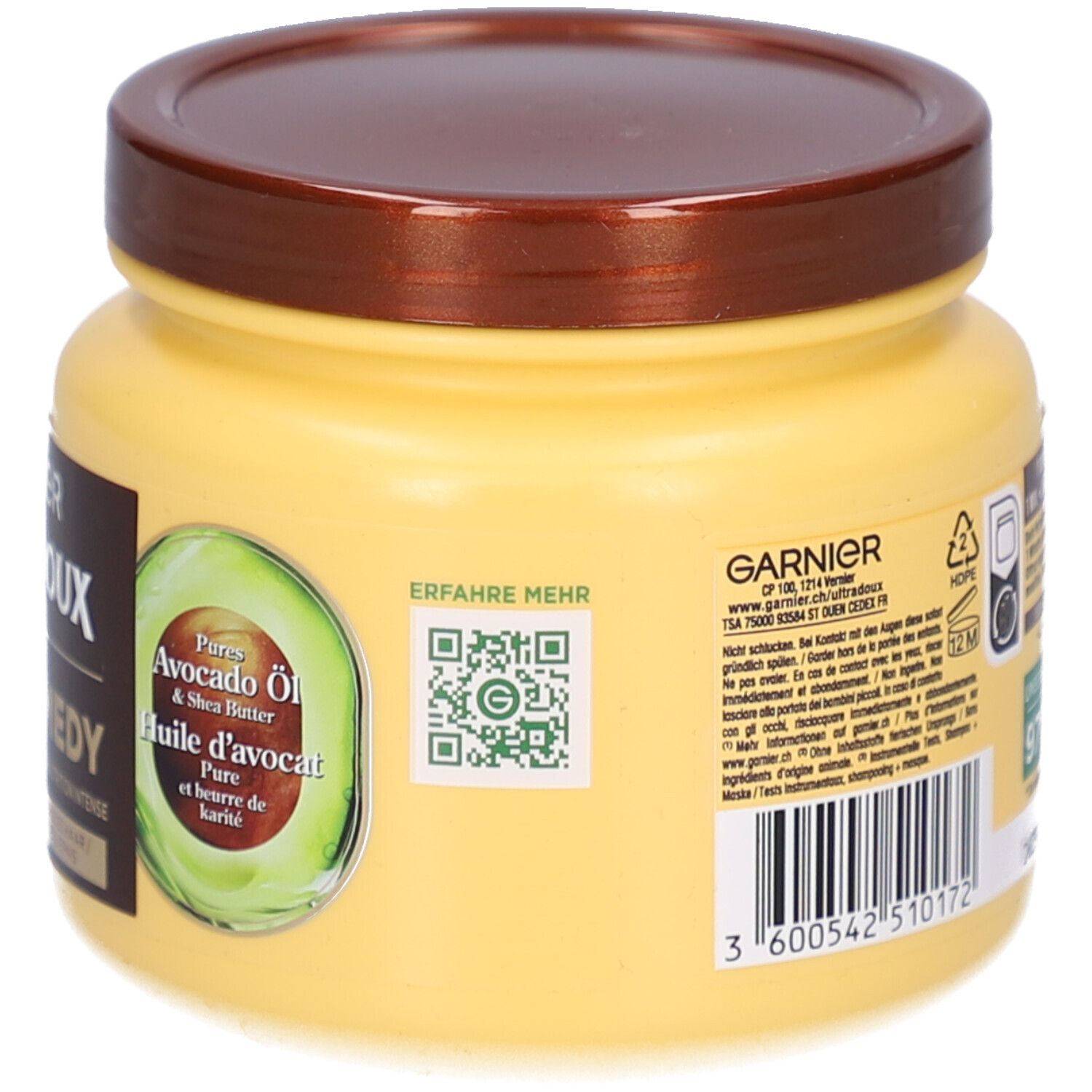 Dos du pot jaune avec couvercle marron. Huile d'avocat et beurre de karité. Code QR et code-barres.