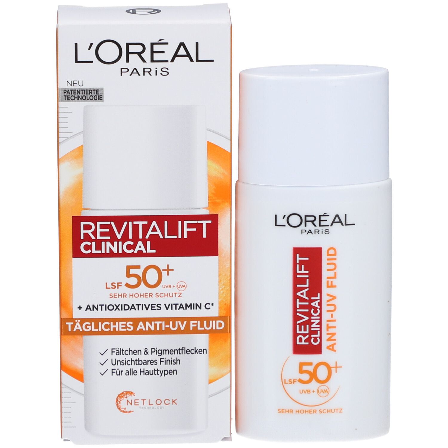 L'Oréal Revitalift Clinical Anti-UV Fluid mit Verpackung. Weiße Flasche und Karton. LSF 50+. Tägliches Anti-UV Fluid.