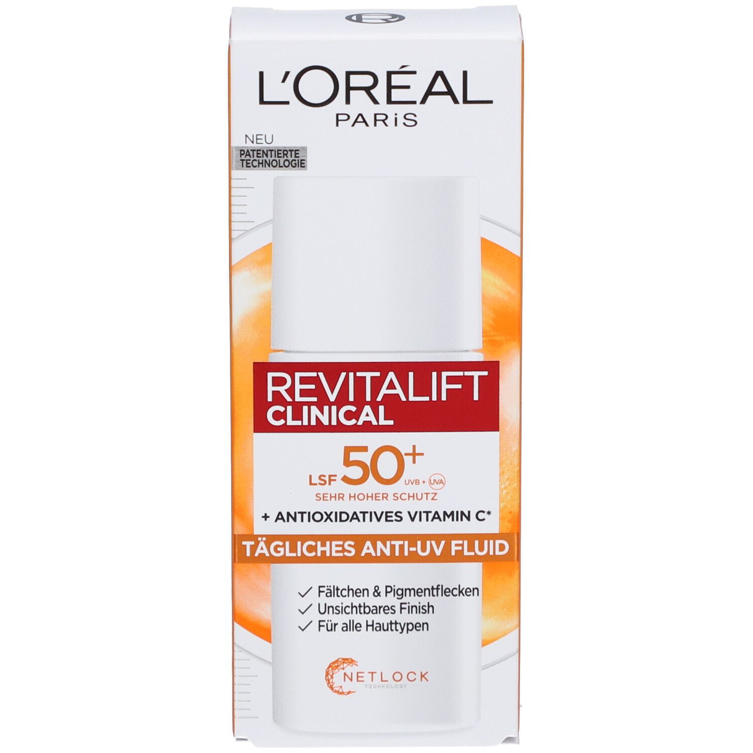 L'Oréal Revitalift Clinical Anti-UV Fluid mit Verpackung. Weiße Flasche und Karton. LSF 50+. Tägliches Anti-UV Fluid.