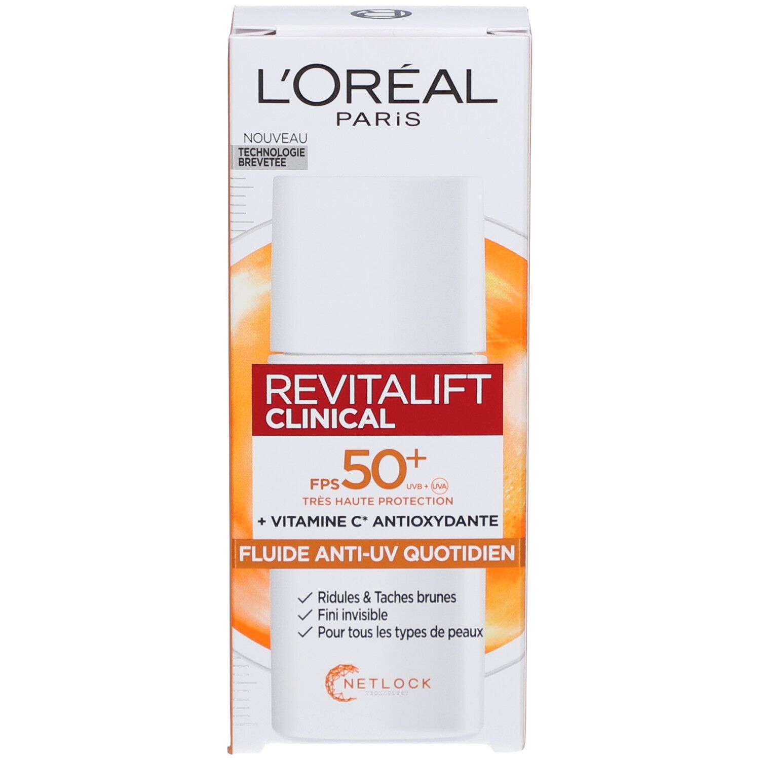 L'Oréal Revitalift Clinical Anti-UV Fluid mit Verpackung. Weiße Flasche und Karton. LSF 50+. Tägliches Anti-UV Fluid.
