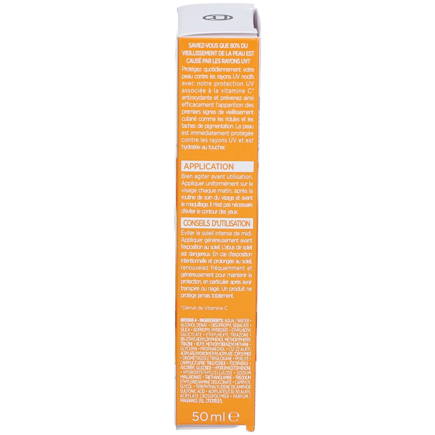 Verpackung L'Oréal Revitalift Clinical Anti-UV Fluid. Orangefarbener Hintergrund. Text mit Anwendungshinweisen und Inhaltsstoffen.