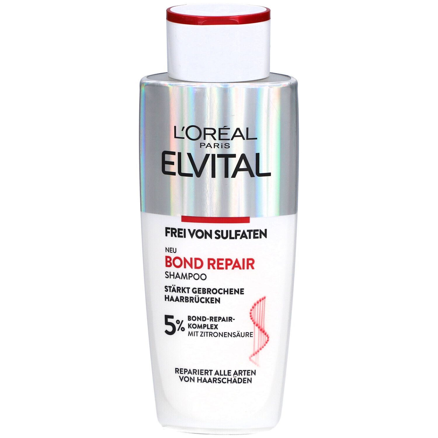 L'Oréal Paris Elvital Bond Repair Shampoo. Weiße Flasche mit roter und silberner Beschriftung. Enthält 5% Bond Repair Komplex.