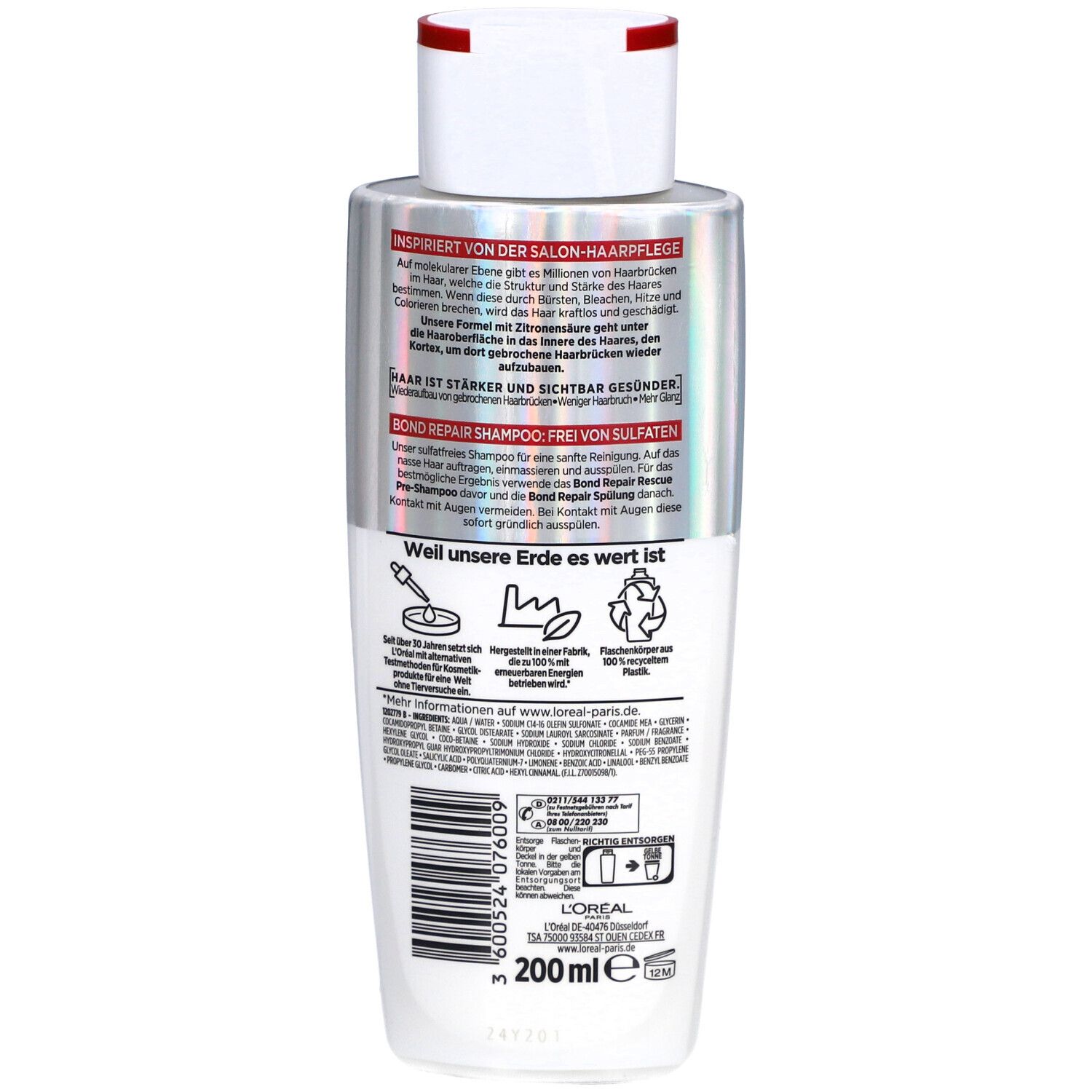 Rückseite der Shampoo-Flasche L'Oréal Paris Elvital Bond Repair. Weiße Flasche mit Text und Barcode. 200 ml.