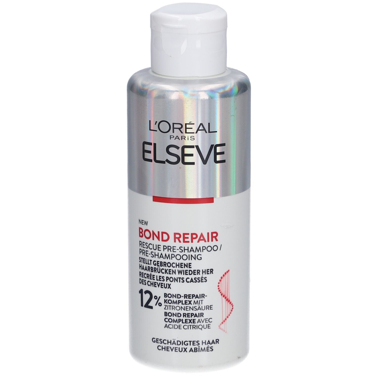 L'Oréal Paris Elseve Bond Repair Pre-Shampoo. Bouteille avec bouchon blanc. Inscription: Bond Repair, 12%. Pour cheveux abîmés.