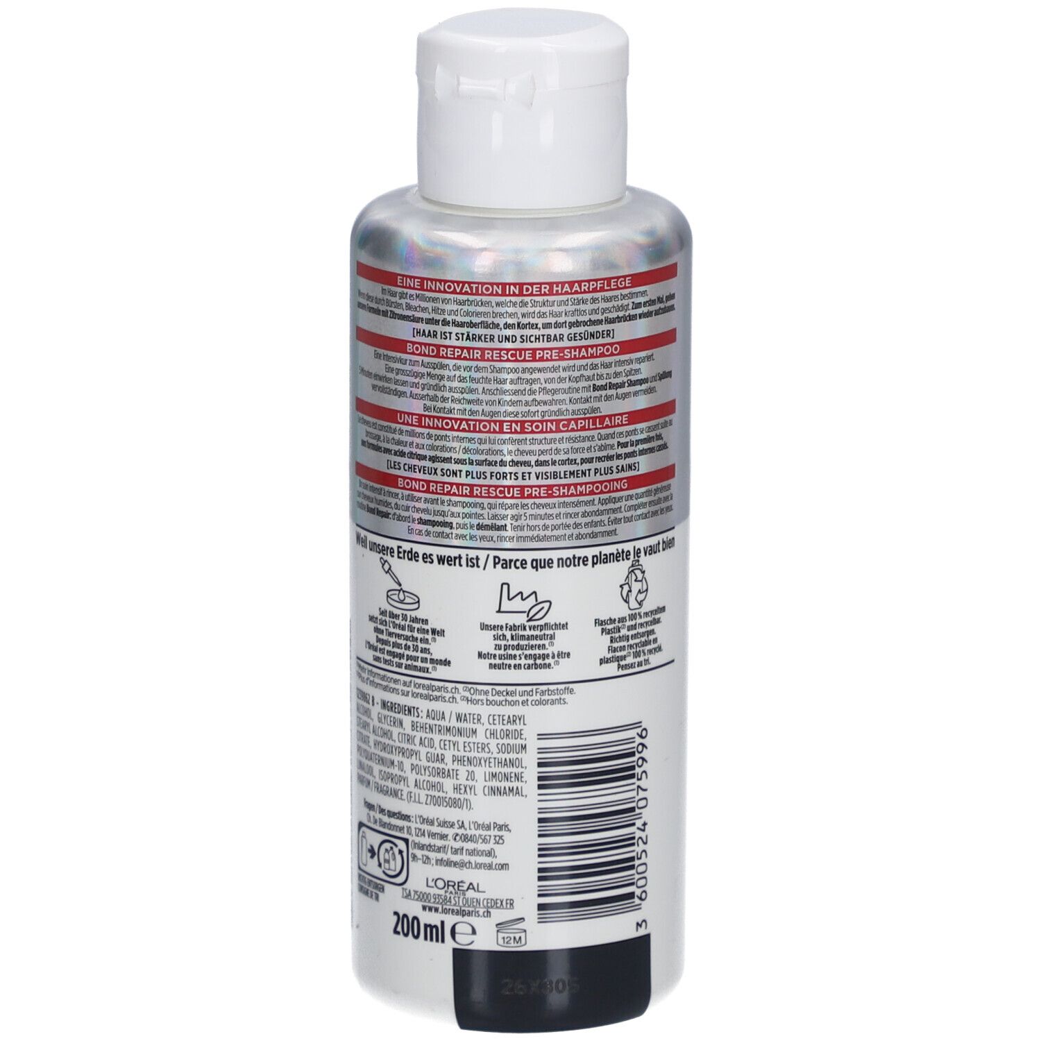 L'Oréal Paris Elseve Bond Repair Pre-Shampoo. Dos de la bouteille. Texte et logos. 200 ml.