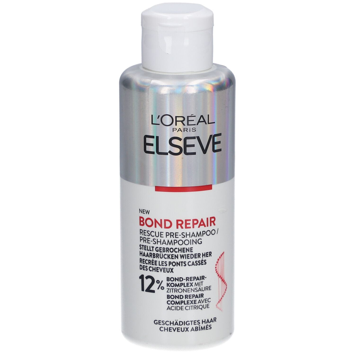L'Oréal Paris Elseve Bond Repair Pre-Shampoo. Bouteille avec bouchon blanc. Inscription: Bond Repair, 12%. Pour cheveux abîmés.