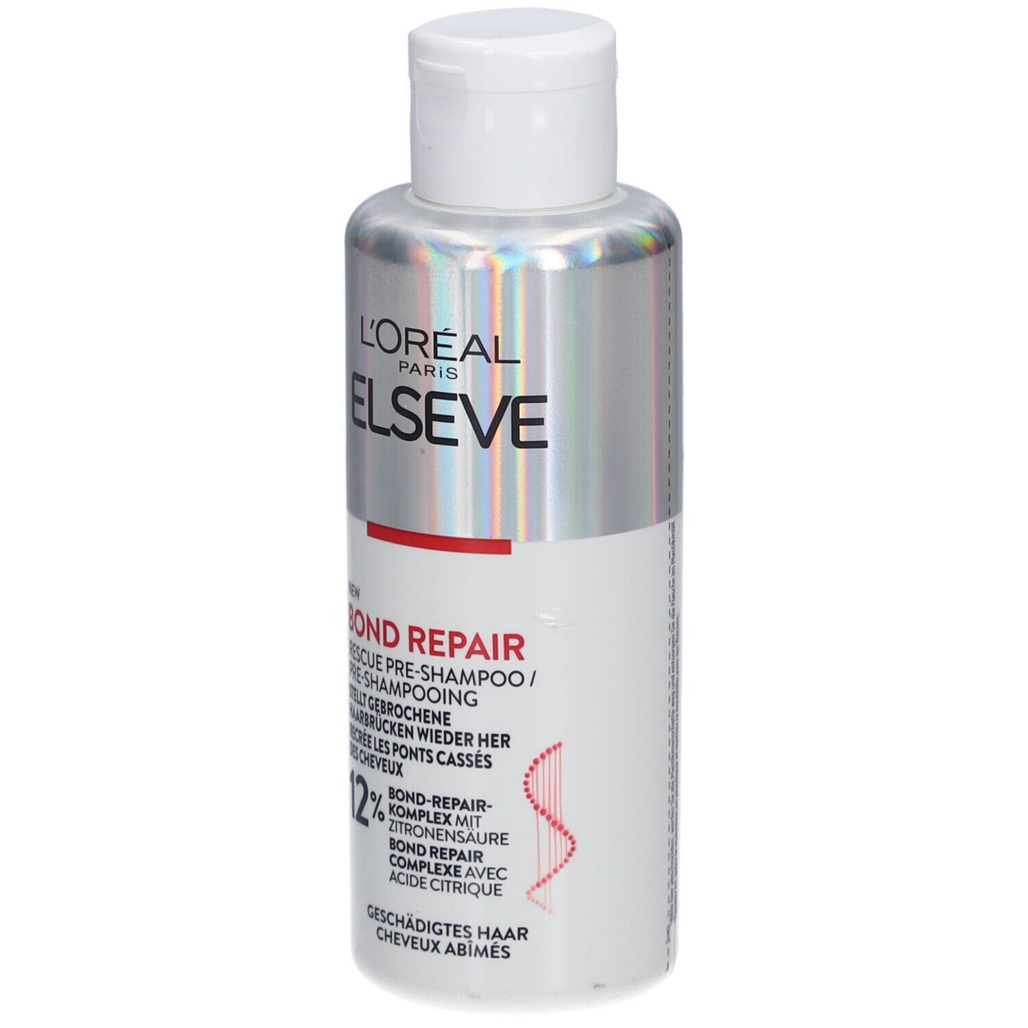 L'Oréal Paris Elseve Bond Repair Pre-Shampoo. Bouteille avec bouchon blanc. Inscription: Bond Repair, 12%. Pour cheveux abîmés.