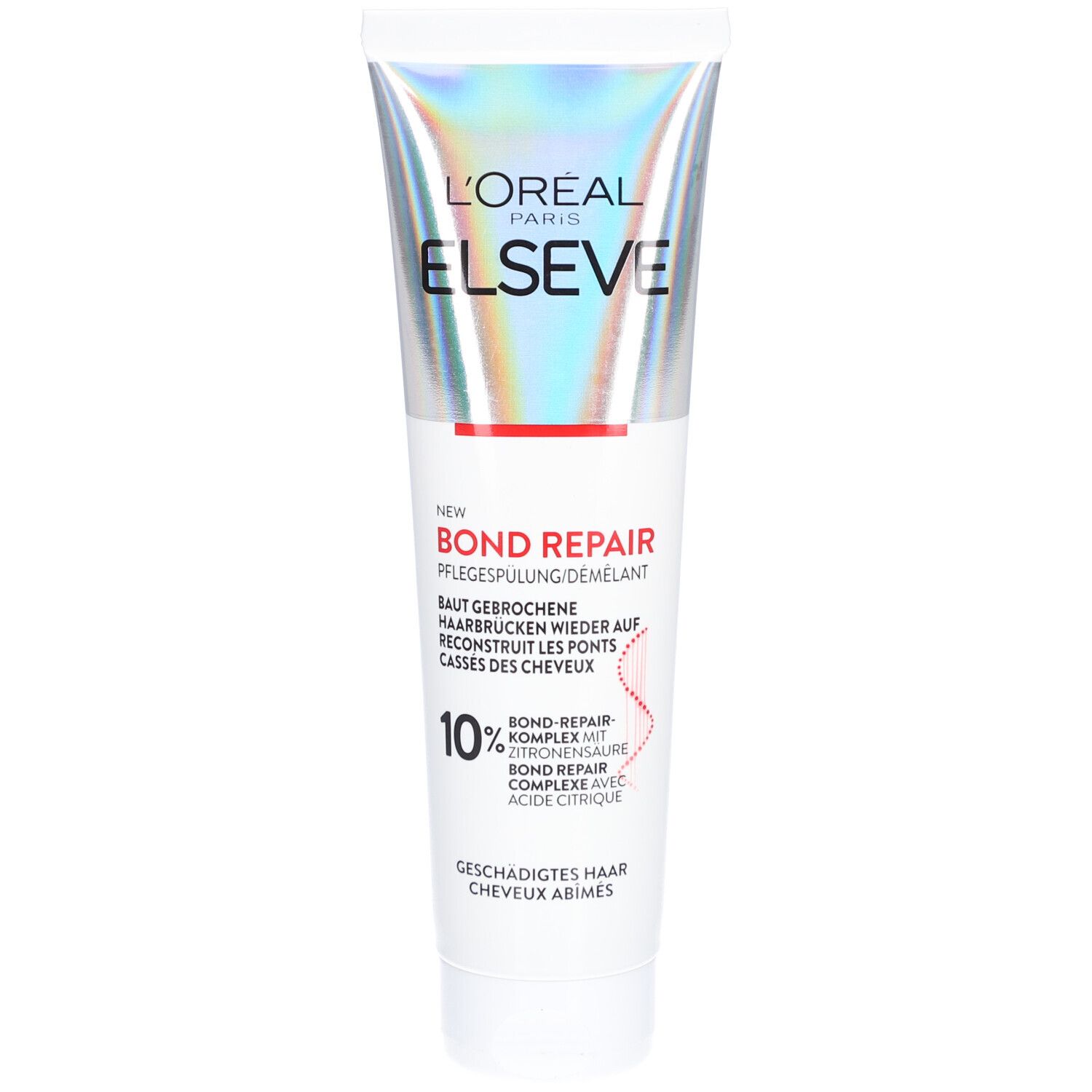 Conditionneur L'Oréal Paris Elseve Bond Repair. Tube blanc avec impression holographique. Texte: Bond Repair, 10%.